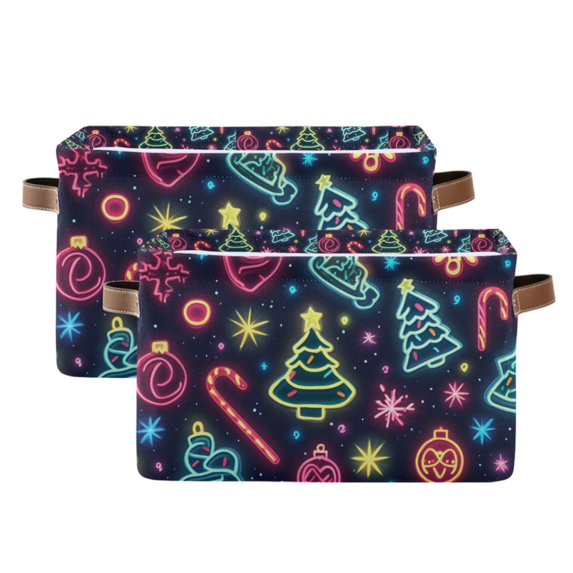 Yayeee 2 Pack Canvas Storage Basket with Handles for Shelves Fabric Bins Closet Organizer, Neon Christmas