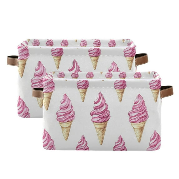 Yayeee 2 Pack Canvas Storage Basket with Handles for Shelves Fabric Bins Closet Organizer, Pink Cartoon Ice Cream