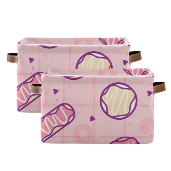 Yayeee 2 Pack Canvas Storage Basket with Handles for Shelves Fabric Bins Closet Organizer, Pink Cartoon Pattern