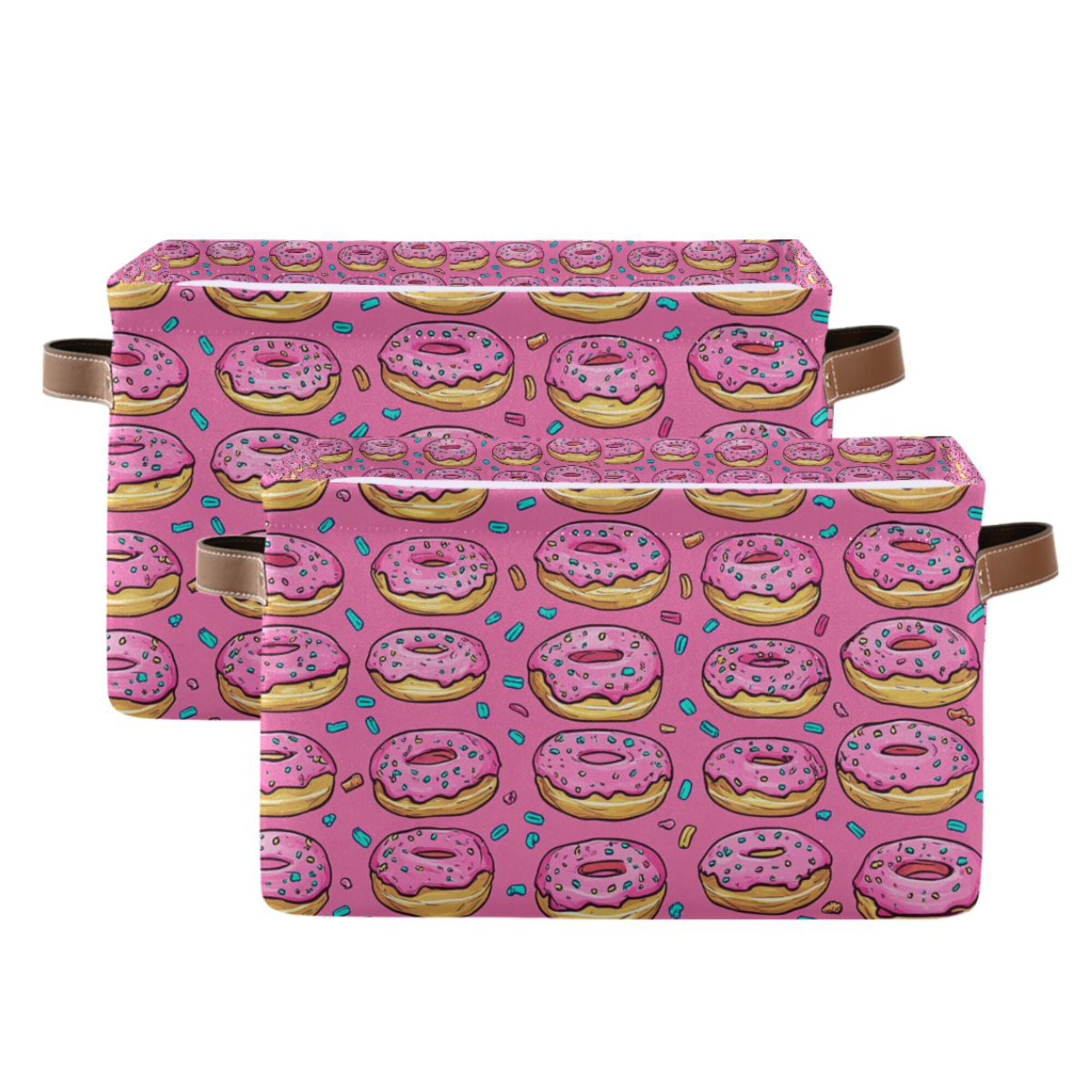 Yayeee 2 Pack Canvas Storage Basket with Handles for Shelves Fabric Bins Closet Organizer, Pink Doughnuts