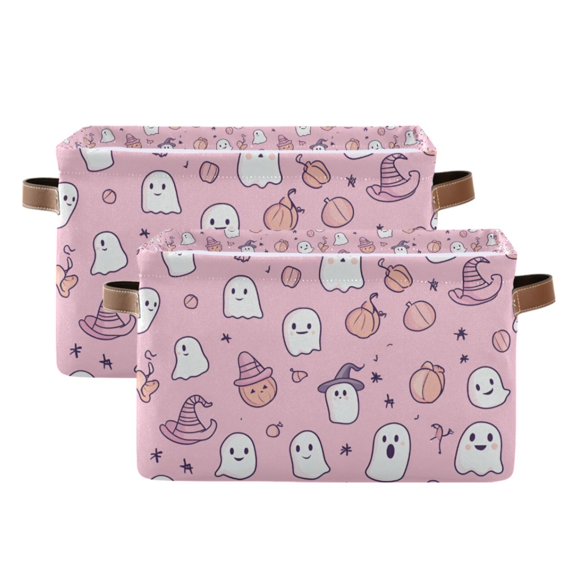 Yayeee 2 Pack Canvas Storage Basket with Handles for Shelves Fabric Bins Closet Organizer, Pink Halloween