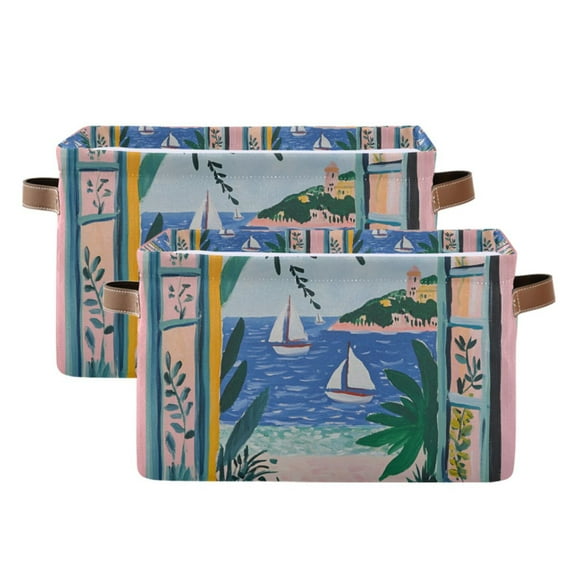 Yayeee 2 Pack Canvas Storage Basket with Handles for Shelves Fabric Bins Closet Organizer, Pink Seaside