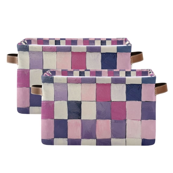 Yayeee 2 Pack Canvas Storage Basket with Handles for Shelves Fabric Bins Closet Organizer, Pink and Purple Plaid Pattern