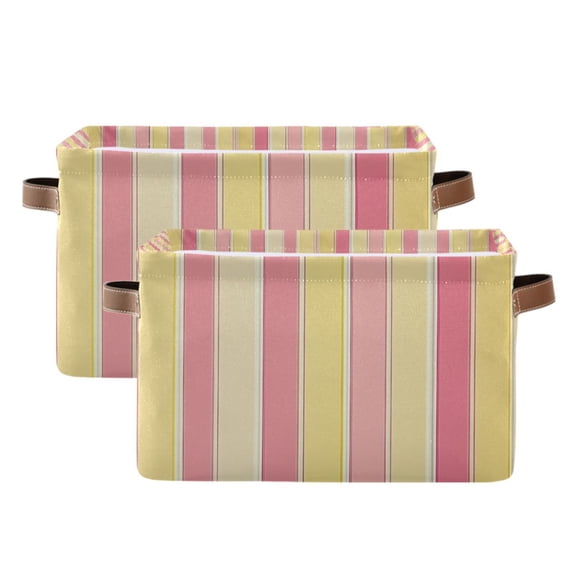 Yayeee 2 Pack Canvas Storage Basket with Handles for Shelves Fabric Bins Closet Organizer, Pink and Yellow Striped Pattern