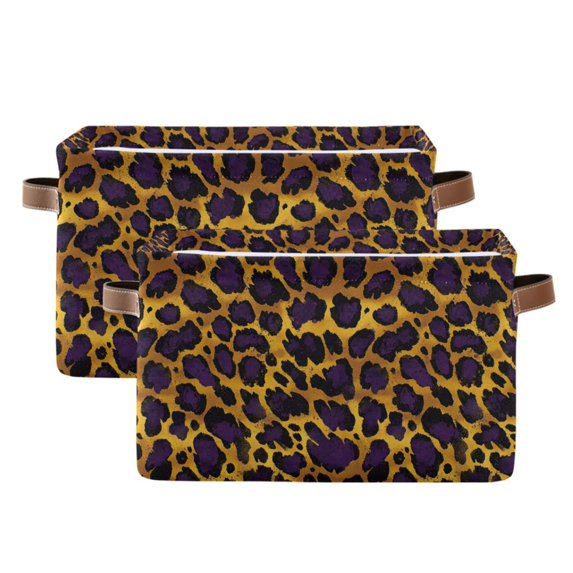 Yayeee 2 Pack Canvas Storage Basket with Handles for Shelves Fabric Bins Closet Organizer, Purple Leopard Pattern