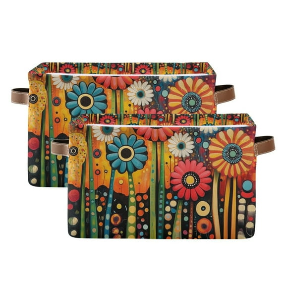 Yayeee 2 Pack Canvas Storage Basket with Handles for Shelves Fabric Bins Closet Organizer, Red Colorful Flowers with Dots