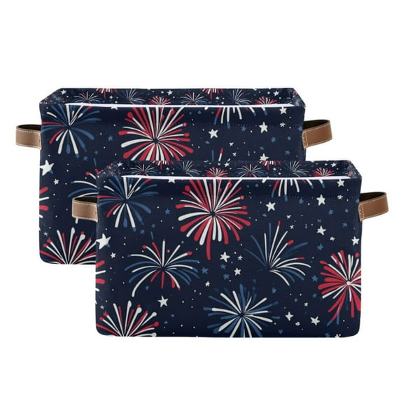 Yayeee 2 Pack Canvas Storage Basket with Handles for Shelves Fabric Bins Closet Organizer, Red and Blue Fireworks Pattern