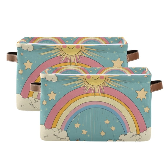Yayeee 2 Pack Canvas Storage Basket with Handles for Shelves Fabric Bins Closet Organizer, Retro Beige Rainbow