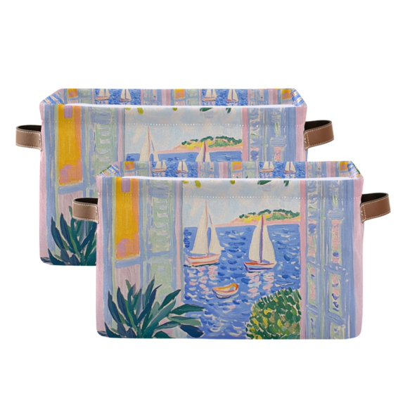 Yayeee 2 Pack Canvas Storage Basket with Handles for Shelves Fabric Bins Closet Organizer, Seaside Boat