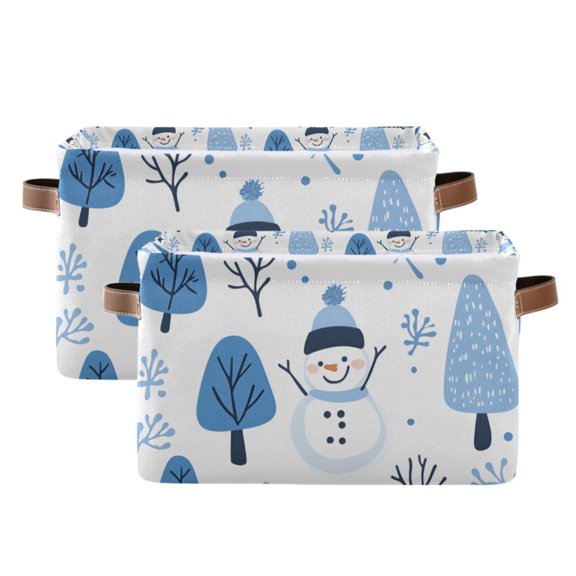 Yayeee 2 Pack Canvas Storage Basket with Handles for Shelves Fabric Bins Closet Organizer, Simple Cartoon Snowmen
