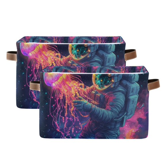 Yayeee 2 Pack Canvas Storage Basket with Handles for Shelves Fabric Bins Closet Organizer, Space Astronaut