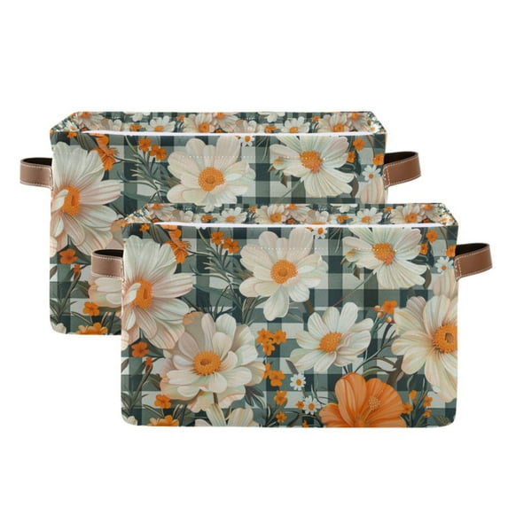 Yayeee 2 Pack Canvas Storage Basket with Handles for Shelves Fabric Bins Closet Organizer, Sunny Blooms