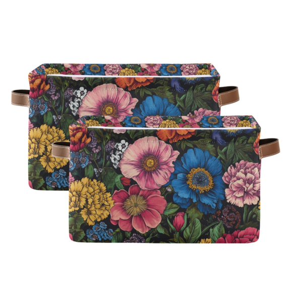 Yayeee 2 Pack Canvas Storage Basket with Handles for Shelves Fabric Bins Closet Organizer, Vibrant Blooming Flowers