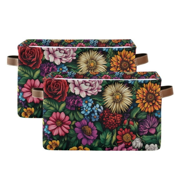Yayeee 2 Pack Canvas Storage Basket with Handles for Shelves Fabric Bins Closet Organizer, Vibrant Flowers Pattern