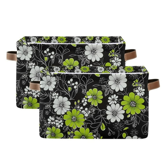 Yayeee 2 Pack Canvas Storage Basket with Handles for Shelves Fabric Bins Closet Organizer, White Flower Pattern