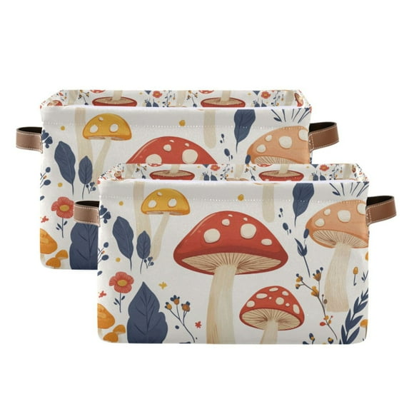 Yayeee 2 Pack Canvas Storage Basket with Handles for Shelves Fabric Bins Closet Organizer, White Mushroom