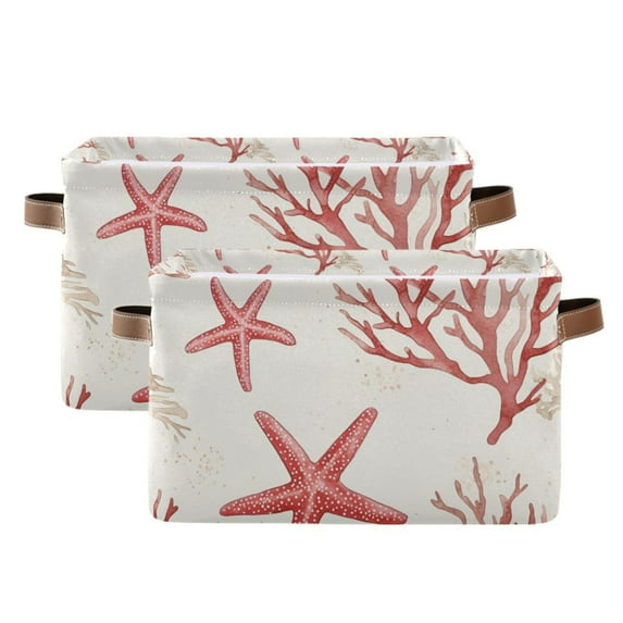 Yayeee 2 Pack Canvas Storage Basket with Handles for Shelves Fabric Bins Closet Organizer, White Starfish