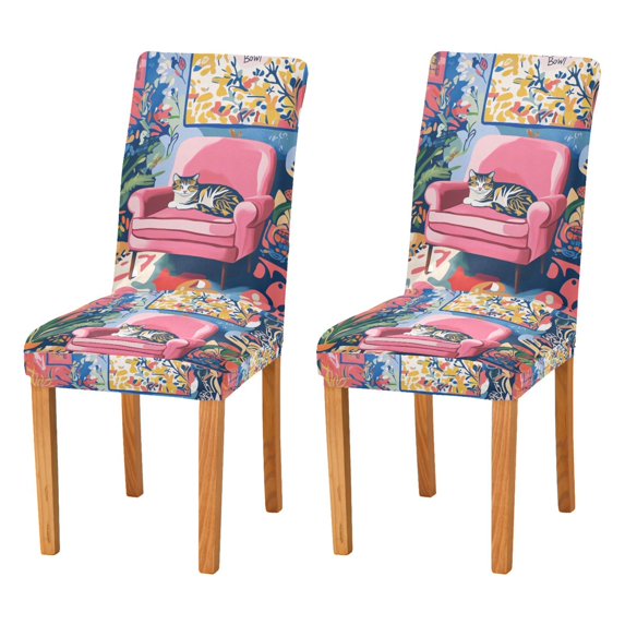 Yayeee 2 Pack Dining Chair Covers Stretch Parson Chairs Slipcovers Seat Protector, Art Cat