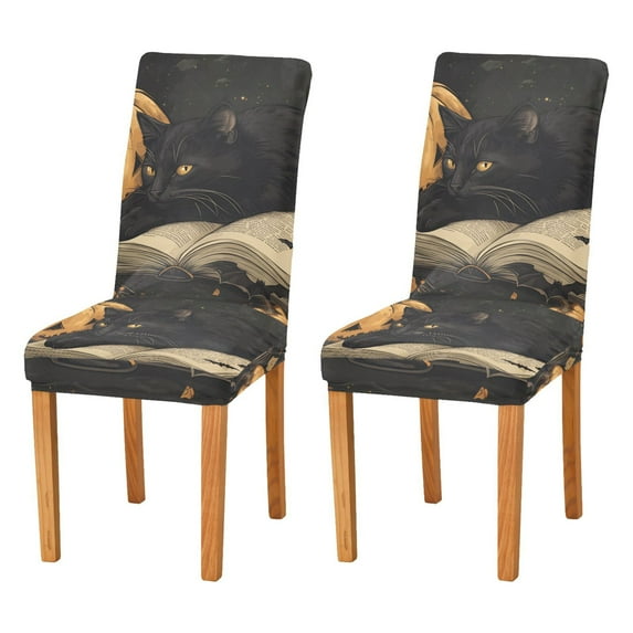 Yayeee 2 Pack Dining Chair Covers Stretch Parson Chairs Slipcovers Seat Protector, Retro Halloween Cat