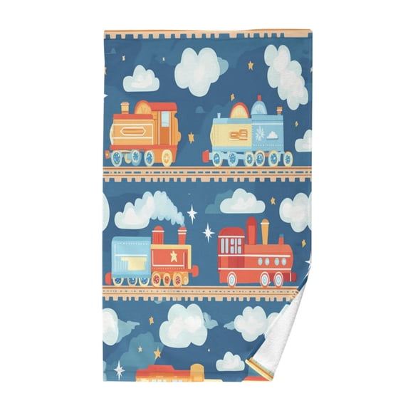 Yayeee 2 Pack Hand Towels for Bathroom 100% Cotton 16" x 28" Kitchen Towel, Blue Cute Train Pattern