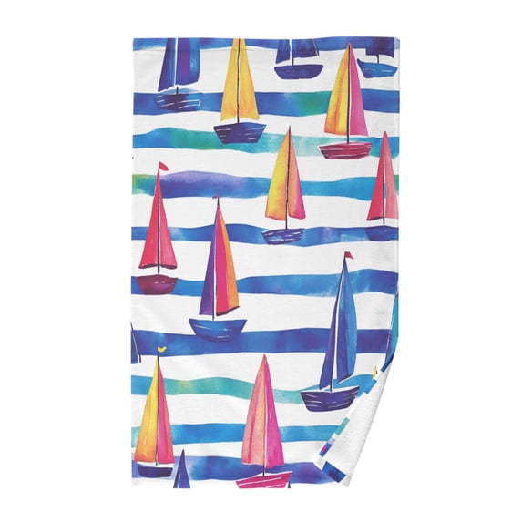 Yayeee 2 Pack Hand Towels for Bathroom 100% Cotton 16" x 28" Soft Absorbent Kitchen Towel, Blue Hand Drawn Sailboats