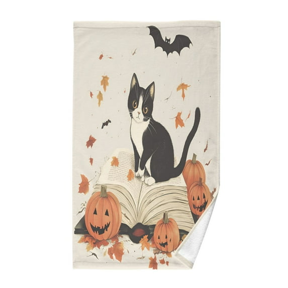 Yayeee 2 Pack Hand Towels for Bathroom 100% Cotton 16" x 28" Kitchen Towel, Gray Cartoon Halloween Cat