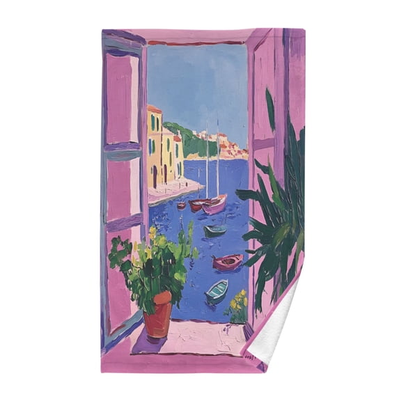 Yayeee 2 Pack Hand Towels for Bathroom 100% Cotton 16" x 28" Kitchen Towel, Purple Window Scene