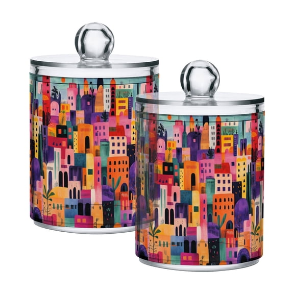 Yayeee 2 Pack Qtip Holder Bathroom Cotton Swab Canister with Lid Clear Dispenser Set, Art Buildings