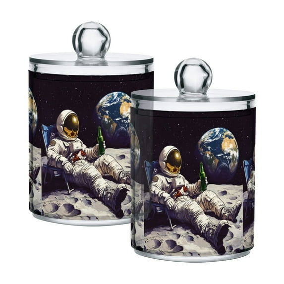 Yayeee 2 Pack Qtip Holder Bathroom Cotton Swab Canister with Lid Clear Dispenser Set, Beige Astronaut
