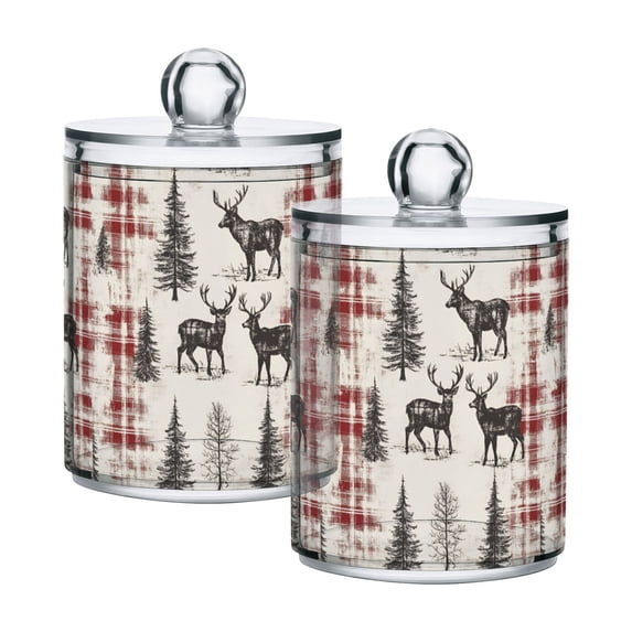 Yayeee 2 Pack Qtip Holder Bathroom Cotton Swab Canister with Lid Clear Dispenser Set, Beige Deer