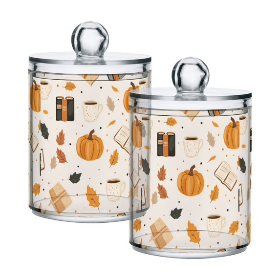 Yayeee 2 Pack Qtip Holder Bathroom Cotton Swab Canister with Lid Clear Dispenser Set, Beige Fall Pumpkin