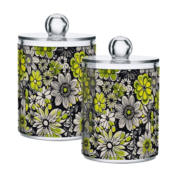Yayeee 2 Pack Qtip Holder Bathroom Cotton Swab Canister with Lid Clear Dispenser Set, Beige Flower Pattern