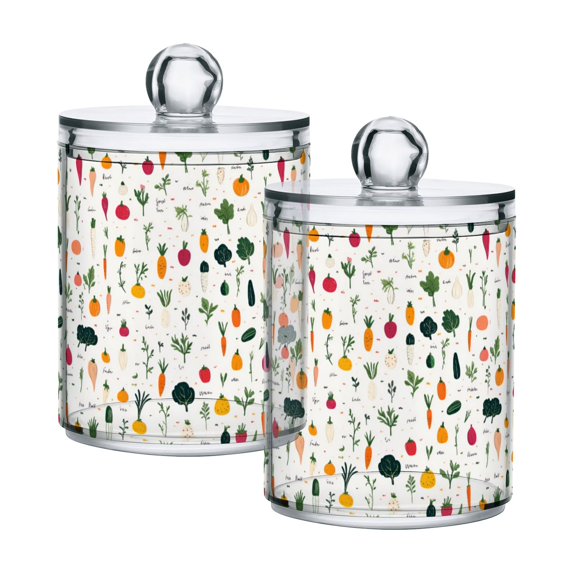 Yayeee 2 Pack Qtip Holder Bathroom Cotton Swab Canister with Lid Clear Dispenser Set, Beige Vegetables Pattern