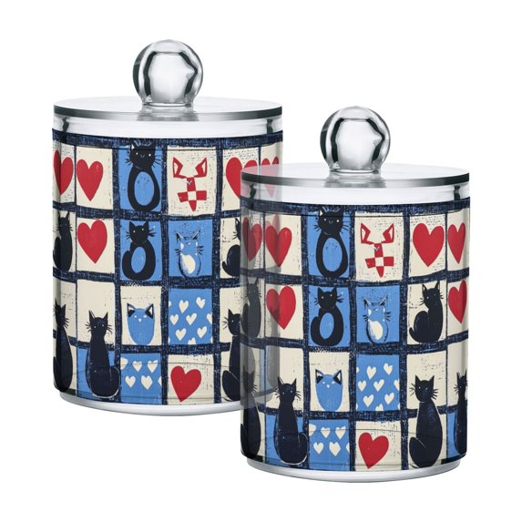 Yayeee 2 Pack Qtip Holder Bathroom Cotton Swab Canister with Lid Clear Dispenser Set, Black Cats and Hearts