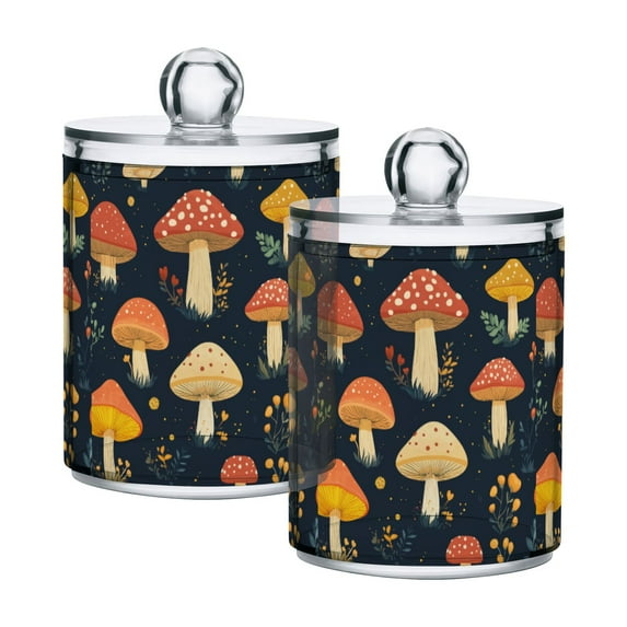 Yayeee 2 Pack Qtip Holder Bathroom Cotton Swab Canister with Lid Clear Dispenser Set, Black Mushroom Pattern