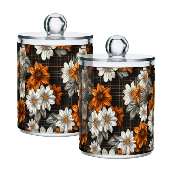 Yayeee 2 Pack Qtip Holder Bathroom Cotton Swab Canister with Lid Clear Dispenser Set, Black Plaid Floral