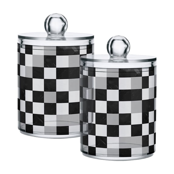 Yayeee 2 Pack Qtip Holder Bathroom Cotton Swab Canister with Lid Clear Dispenser Set, Black and Gray Plaid Pattern