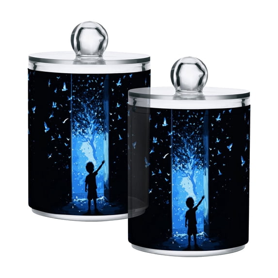 Yayeee 2 Pack Qtip Holder Bathroom Cotton Swab Canister with Lid Clear Dispenser Set, Blue Butterfly