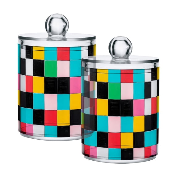 Yayeee 2 Pack Qtip Holder Bathroom Cotton Swab Canister with Lid Clear Dispenser Set, Blue Checkered Pattern