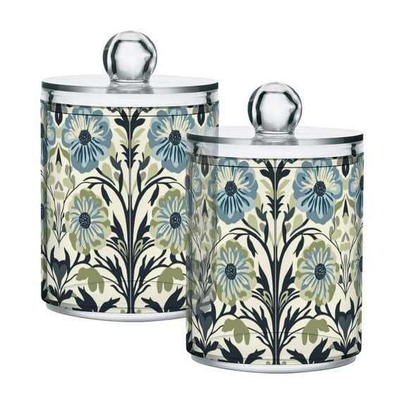 Yayeee 2 Pack Qtip Holder Dispenser for Bathroom with Lid Cotton Swab Canister, Blue Floral Pattern