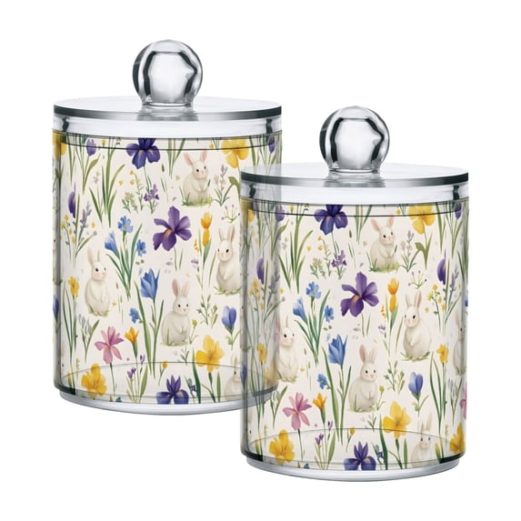 Yayeee 2 Pack Qtip Holder Bathroom Cotton Swab Canister with Lid Clear Dispenser Set, Blue Floral Rabbit