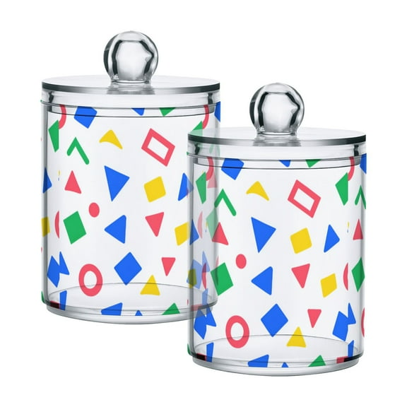 Yayeee 2 Pack Qtip Holder Bathroom Cotton Swab Canister with Lid Clear Dispenser Set, Blue Retro Triangles