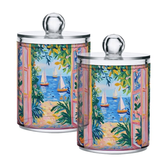Yayeee 2 Pack Qtip Holder Bathroom Cotton Swab Canister with Lid Clear Dispenser Set, Blue Seaside