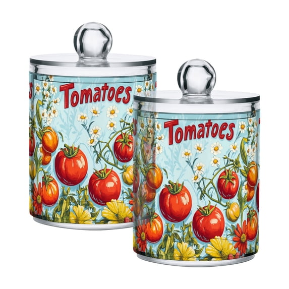 Yayeee 2 Pack Qtip Holder Bathroom Cotton Swab Canister with Lid Clear Dispenser Set, Blue Tomatoes