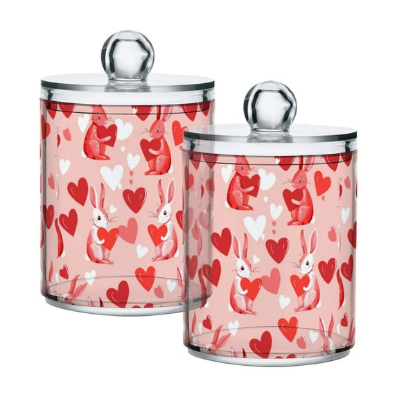 Yayeee 2 Pack Qtip Holder Bathroom Cotton Swab Canister with Lid Clear Dispenser Set, Bunnies and Hearts