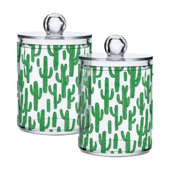 Yayeee 2 Pack Qtip Holder Bathroom Cotton Swab Canister with Lid Clear Dispenser Set, Cactus Pattern
