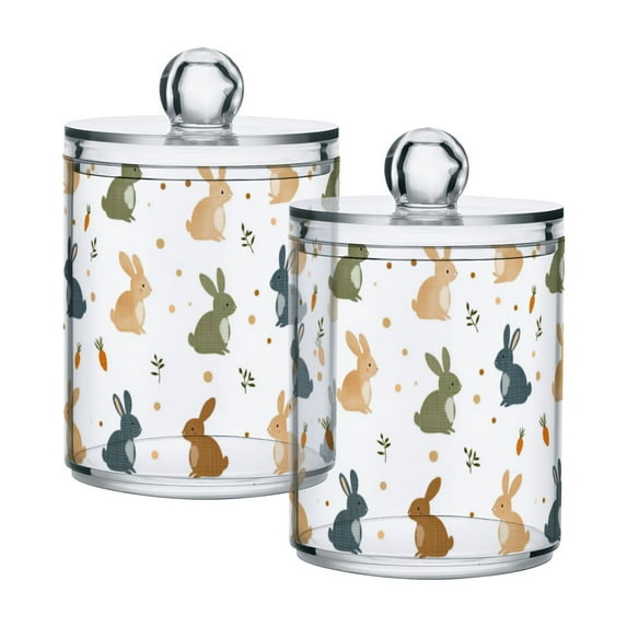 Yayeee 2 Pack Qtip Holder Bathroom Cotton Swab Canister with Lid Clear Dispenser Set, Cartoon Bunnies