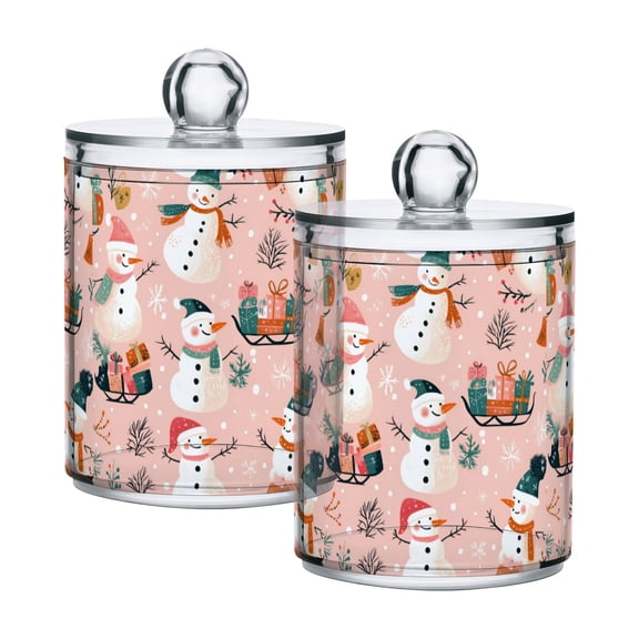 Yayeee 2 Pack Qtip Holder Bathroom Cotton Swab Canister with Lid Clear Dispenser Set, Christmas Snowman