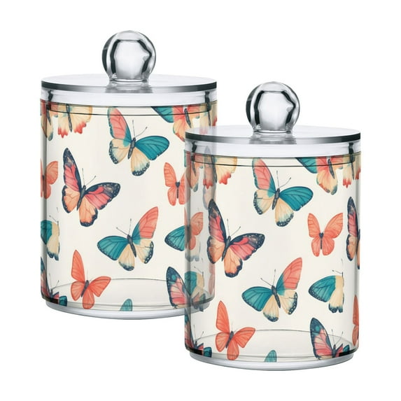 Yayeee 2 Pack Qtip Holder Bathroom Cotton Swab Canister with Lid Clear Dispenser Set, Colorful Butterflies