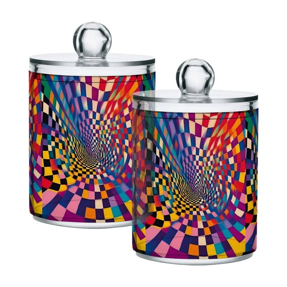 Yayeee 2 Pack Qtip Holder Bathroom Cotton Swab Canister with Lid Clear Dispenser Set, Colorful Wavy Plaid